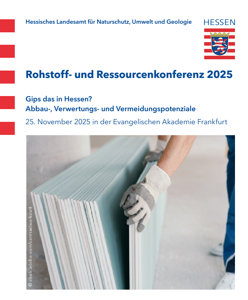 Titel der Rohstoffkonzerenz und Bild von Gipsplatten auf einer Baustelle